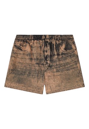 Shorts di jeans a vita alta con motivo nero e marrone effetto acid-wash, bottone anteriore visibile e due tasche frontali, stesi su fondo bianco.