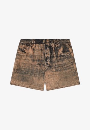 Shorts di jeans a vita alta con motivo nero e marrone effetto acid-wash, bottone anteriore visibile e due tasche frontali, stesi su fondo bianco.