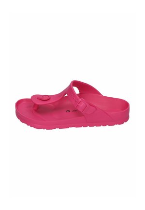 Pink rubber slide sandal with a toe post, adjustable strap, and textured sole. Smooth finish with a circular accent on the upper strap.