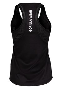 Zwarte sportieve tanktop met een mesh achterkant, met de tekst "GORILLA WEAR" in het wit op de bovenrug. Soepele textuur, racerback ontwerp.