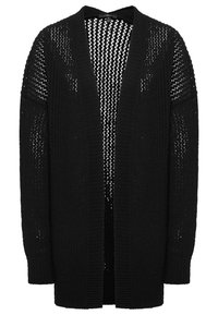Cardigan noir ouvert à l'avant en tissu tricoté. Présente un tissage lâche et respirant avec des poignets et un ourlet côtelés. Manches longues, design simple.