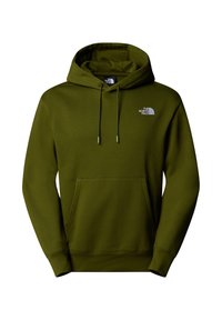Olijfgroene hoodie van zacht materiaal, met een kangoeroezak, een capuchon met trekkoord en een klein wit logo op de borst.