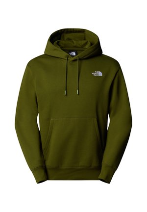 Olijfgroene hoodie van zacht materiaal, met een kangoeroezak, een capuchon met trekkoord en een klein wit logo op de borst.
