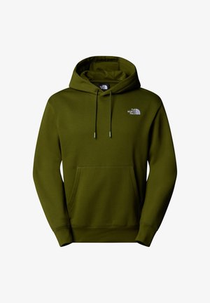 Sudadera verde oliva hecha de tejido suave, con un bolsillo tipo canguro, capucha con cordón y un pequeño logo blanco en el pecho.