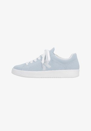 Light blue knitted low-top sneaker with white laces and sole, featuring a textured pattern and a subtle logo on the side.