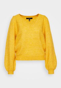 Pull en maille jaune avec col en V, motif texturé, manches longues bouffantes et poignets et ourlet côtelés, présenté sur fond blanc.