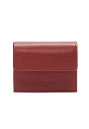 Red leather wallet with a smooth texture, folded design, and embossed logo on the front. Features visible stitching accents. Compact shape.