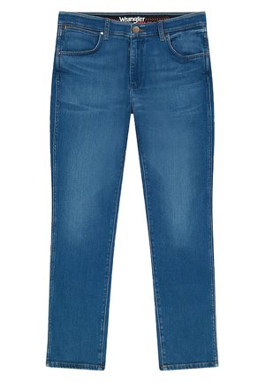 Blå denimjeans med lige ben, der har fem lommer, kontraststing og knaplukning.