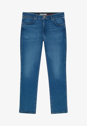 Modré džínsy s rovnými nohavicami, ktoré majú päť vreciek, kontrastné švy a zapínanie na gombík.