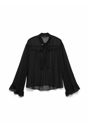Černá, průhledná blůza s límečkem a uzávěrem na kravatu, dlouhými rukávy s volánkovými manžetami a volným střihem. Texturovaná tkanina, minimální design.