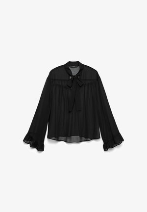 Černá, průhledná blůza s límečkem a uzávěrem na kravatu, dlouhými rukávy s volánkovými manžetami a volným střihem. Texturovaná tkanina, minimální design.