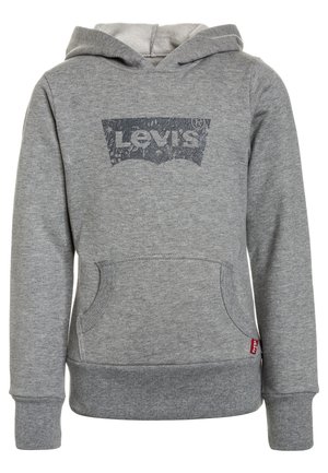 Szara bluza z kapturem wykonana z miękkiego materiału, z dużym logo Levi's w ciemniejszym odcieniu szarości, przednią kieszenią oraz ściągaczami na mankietach i dole.