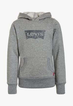 Szara bluza z kapturem wykonana z miękkiego materiału, z dużym logo Levi's w ciemniejszym odcieniu szarości, przednią kieszenią oraz ściągaczami na mankietach i dole.
