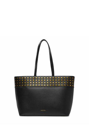 Borsa tote in pelle nera con manici lunghi, borchie rotonde dorate lungo il bordo superiore e piccolo logo "BADURA" dorato al centro in basso.