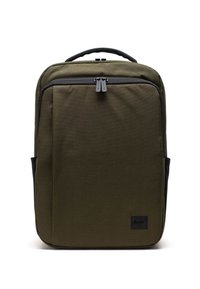 Olivi vihreä kangaskassi, jossa on tyylikäs muotoilu. Siinä on etuzipperi, mustat yksityiskohdat ja kaksoisvetoketjun vetimet.