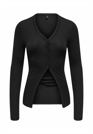 Cardigan lungo nero a maniche lunghe con coste, caratterizzato da scollatura a V, chiusura con bottoni e dettagli arricciati in vita. Tessuto liscio in tutto il capo.
