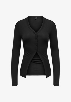 Cardigan lungo nero a maniche lunghe con coste, caratterizzato da scollatura a V, chiusura con bottoni e dettagli arricciati in vita. Tessuto liscio in tutto il capo.
