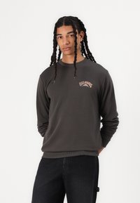 Dark grey sweatshirt with long sleeves, ribbed cuffs, and a round neckline. Features embroidered multicolored logo on the chest.