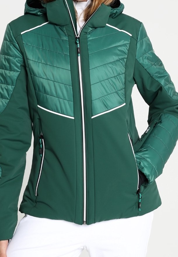 Veste verte avec un design matelassé texturé, des accents blancs, une fermeture éclair frontale et des poignets ajustables. Capuche avec poches zippées.