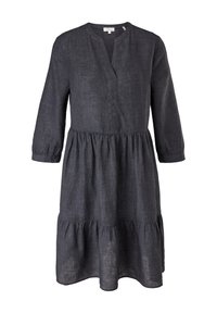 Robe en lin gris foncé longueur genou, manches 3/4, taille et ourlet froncés, col en V sans boutons.