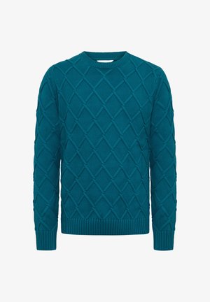 Maglione lavorato a maglia in teal con motivo a diamante, colletto rotondo, polsini e orlo a coste, realizzato in tessuto testurizzato per una maggiore calore.