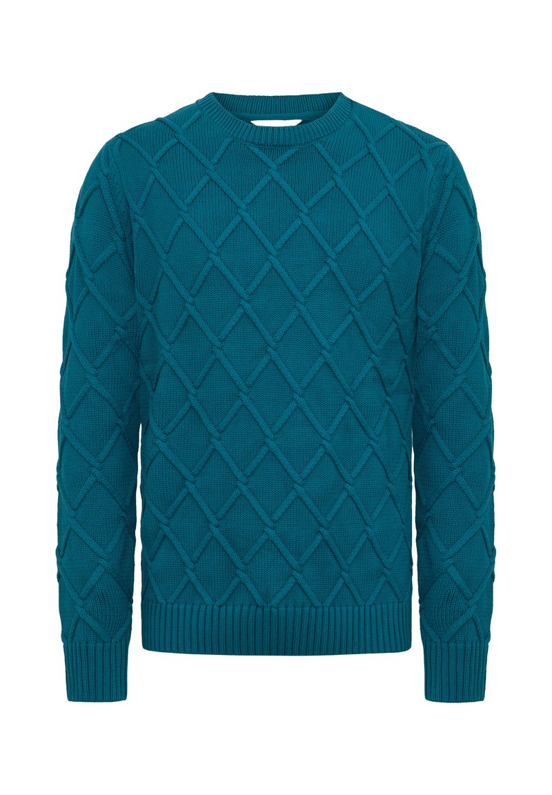Maglione lavorato a maglia in teal con motivo a diamante, colletto rotondo, polsini e orlo a coste, realizzato in tessuto testurizzato per una maggiore calore.