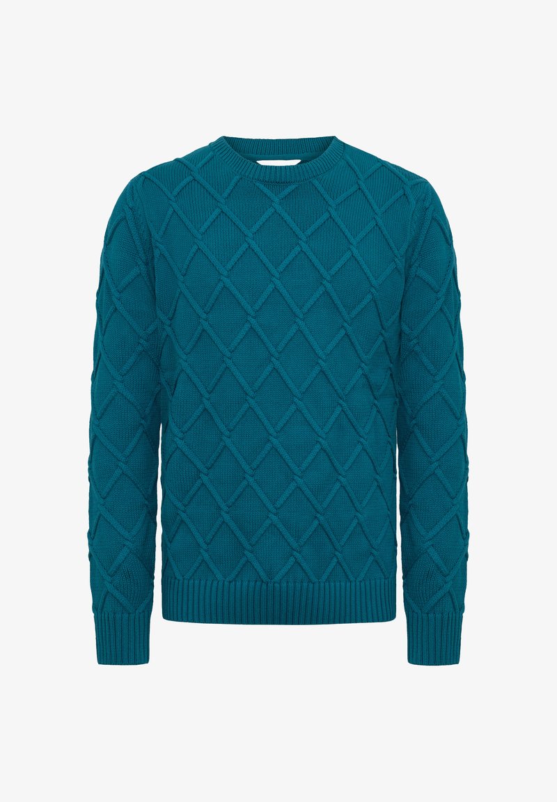 Tyrkis stickad tröja med diamantmönster, rund halsringning, ribbade ärmslut och nederkant, tillverkad av textilmaterial för extra värme.