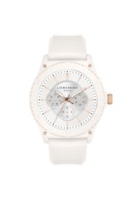 Weißer Silikonarmbanduhr mit einem Zifferblatt in Silber und Roségold, ausgestattet mit drei Unterzifferblättern, einem strukturierten Lünette und markierten Stundenindikatoren.