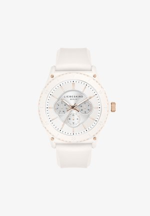 Hvid silikonearmbåndsur med en sølv- og rosaguldfarvet urskive, der har tre subdials, en tekstureret bezel og markerede timeindikatorer.