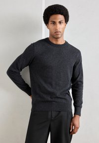 Dark gray knitted sweater with a crew neck and long sleeves, featuring ribbed cuffs and hem. Worn with black pants against a neutral background.