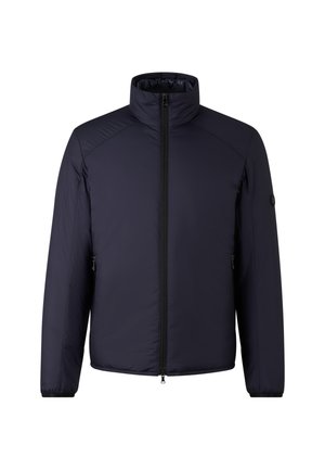 Navy padded jacket with a high collar, front zipper, and zippered side pockets. Features a smooth texture and minimalistic design.