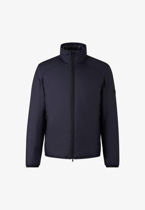 Navy padded jacket with a high collar, front zipper, and zippered side pockets. Features a smooth texture and minimalistic design.