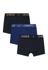 Tre par boxershorts i marineblå og sort. Elastikken har "JOARDAN" i kontrastfarver og et logo. Blødt bomuldsstof.
