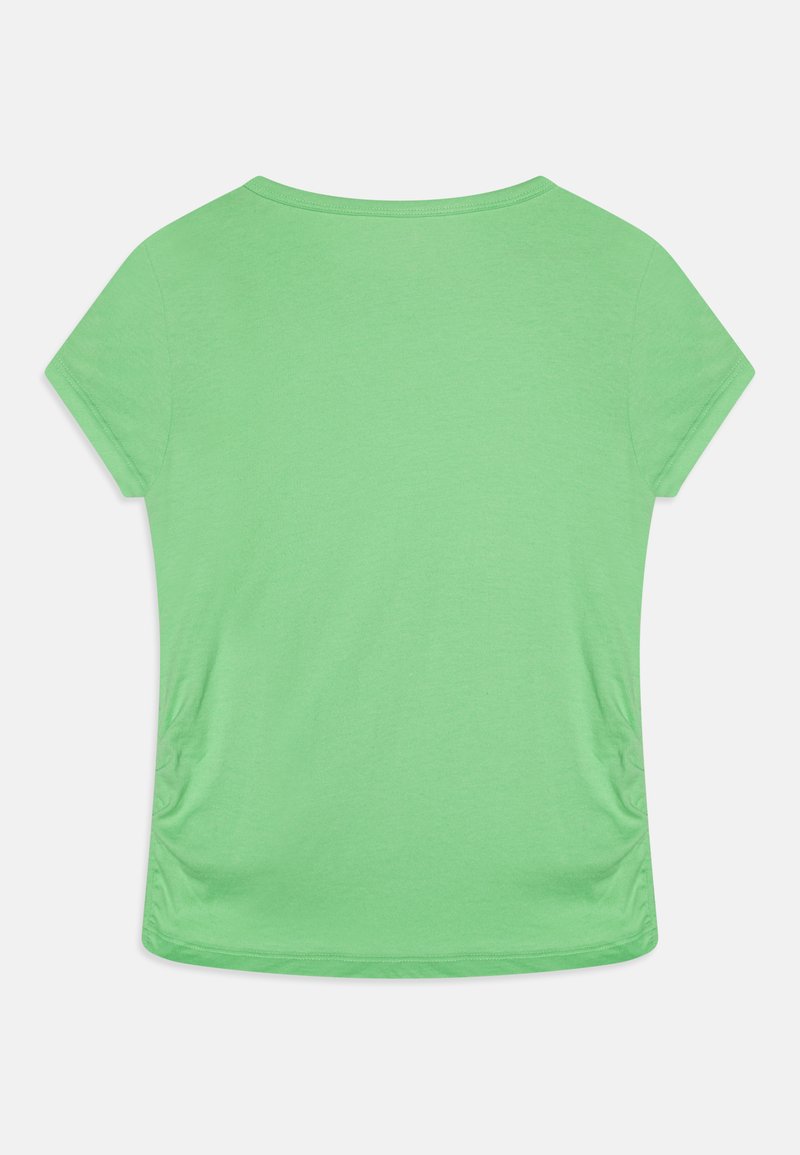 Grünes T-Shirt mit kurzen Ärmeln aus weichem Stoff, mit einem runden Ausschnitt und Raffung an den Seiten für einen taillierten Look.