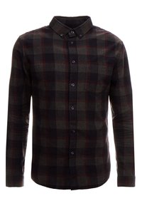 Camicia a maniche lunghe con bottoni in tartan verde scuro e nero, dotata di colletto, taschino sul petto e bottoni neri sul davanti. Texture morbida.