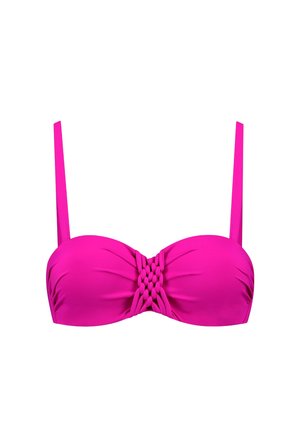 Bikini-Oberteil in lebhaftem Pink, mit gerafftem Design und geflochtenem mittleren Detail, sowie verstellbaren dünnen Trägern. Glattes, dehnbares Material.