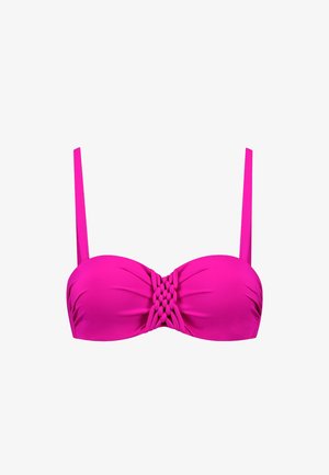 Top bikini w intensywnym różowym kolorze, z zebranym wzorem i plecionym detalem na środku, z regulowanymi cienkimi ramiączkami. Gładki, elastyczny materiał.