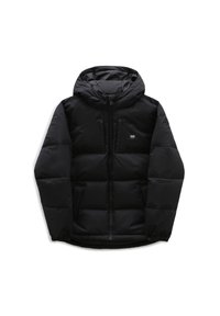 Chaqueta con capucha acolchada negra, cremallera frontal, puños elásticos, dos bolsillos laterales y logo de Vans en el lado izquierdo del pecho.