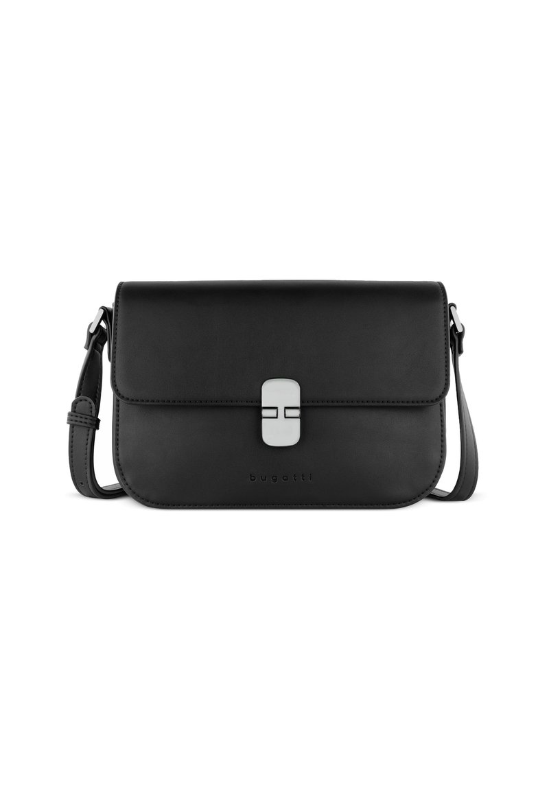 Borsa a spalla in pelle nera con chiusura a pattina e dettagli in metallo argentato. Presenta una tracolla staccabile. Texture liscia e discreto dettaglio del logo.