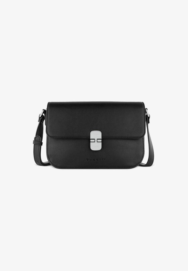 Borsa a spalla in pelle nera con chiusura a pattina e dettagli in metallo argentato. Presenta una tracolla staccabile. Texture liscia e discreto dettaglio del logo.
