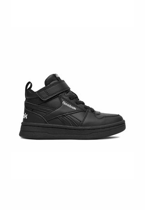 Sort Reebok højt topsneakers med velcrolukning, snørebånd og tyk sål vist fra siden på hvid baggrund.