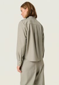 Lichtgrijze blouse met knopen, lange mouwen, een geplooide achterzijde en gouden knopen op de manchetten. Gladde stof met subtiele textuur en strepen.