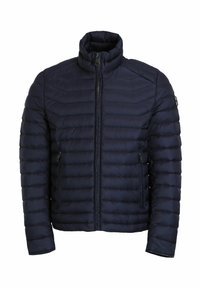 Navy blue puffer jacket with a high collar, lightweight quilted design, and zippered pockets on each side, featuring a sleek, smooth texture.