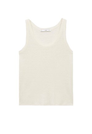 White tank top made of lightweight fabric. Features a rounded neckline and wide armholes, with a smooth texture and minimal design.
