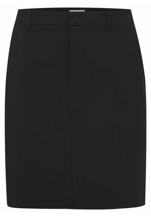 Czarna prosta spódnica do kolan z szlufkami na pasek i ukrytym przednim zapięciem.