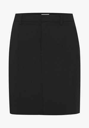 Czarna prosta spódnica do kolan z szlufkami na pasek i ukrytym przednim zapięciem.