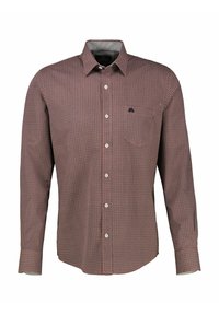 Overhemd met lange mouwen en knopen in rood en blauw geometrisch patroon, met een puntige kraag en een enkele borstzak.