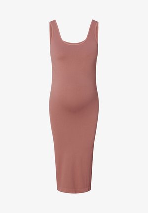 Geribbelde, aansluitende midi-jurk in een stoffige rozenkleur met een ronde hals en zonder mouwen, geschikt voor zwangerschapskleding.
