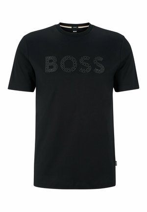 Schwarzes kurzärmeliges T-Shirt mit Rundhalsausschnitt und strukturiertem "BOSS" Logo in großen Buchstaben über der Brust.