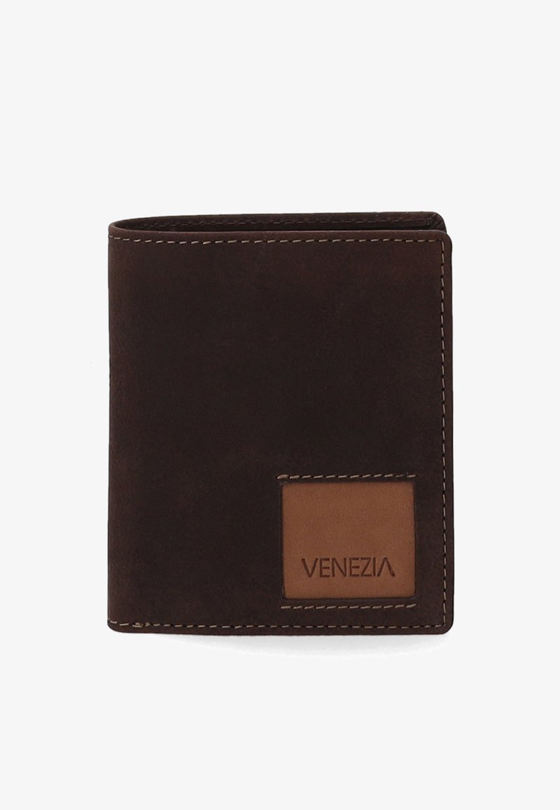 Brown leather wallet with a smooth texture, featuring a stitched edge and a branded tan leather patch on the front. Tri-fold design.
